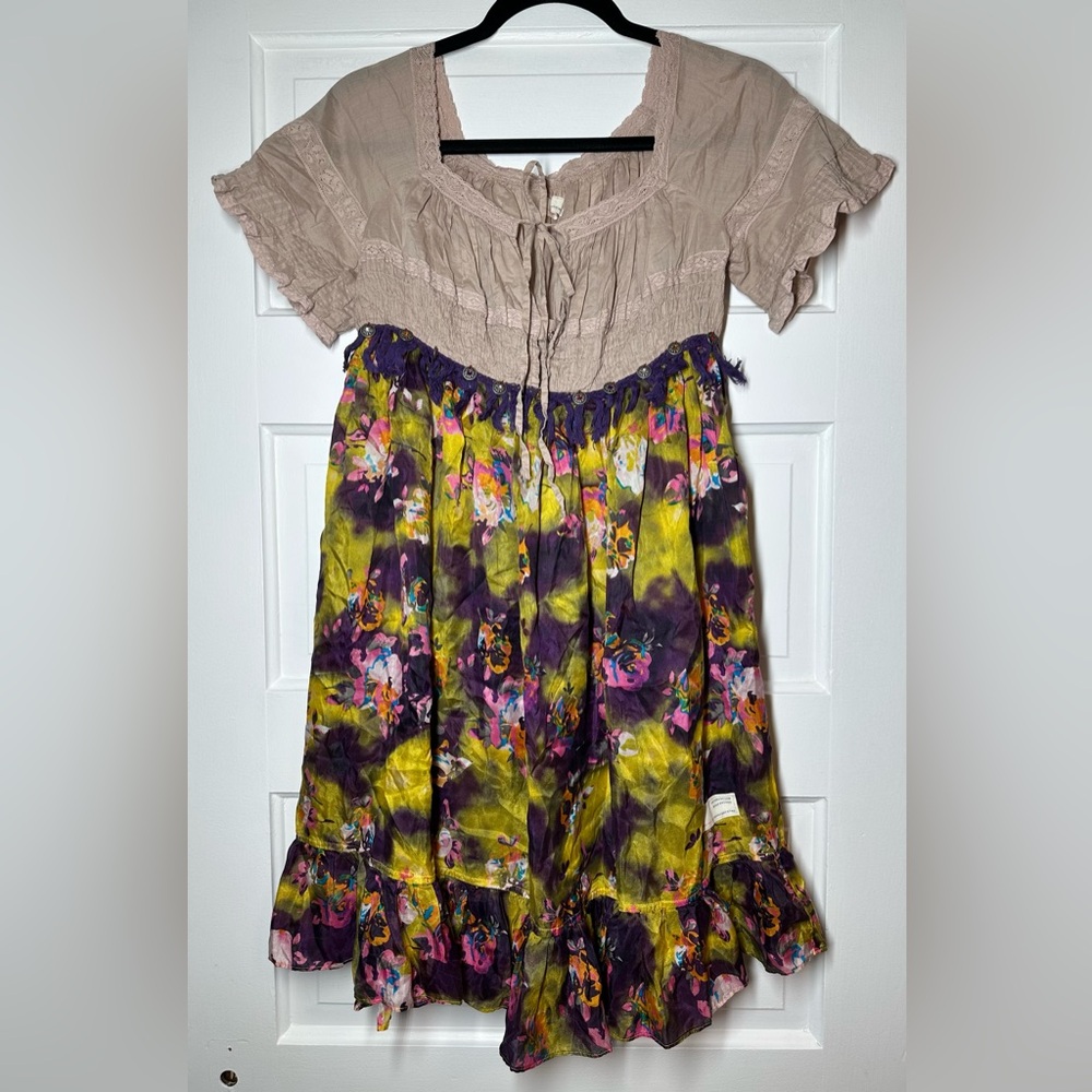 Odd Molly cotton top silk bottom Multicolor Floral Dress size 6 Anthropologie